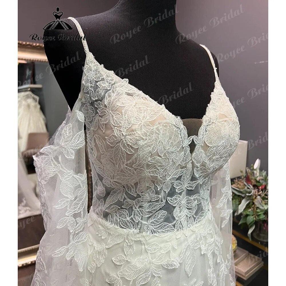 Bata Civil Manga Larga Encaje Cuello en V Espalda Abierta Hombros Descubiertos Vestido de Novia Elegante Vestido de Novia robe de mariée NumberSea