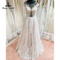 Robe De Mariage Corpiño Sin Forro Fluido Línea A Vestido de Novia Rosa Rubor Manga Casquillo Aplicación de Encaje Sin Espalda vestido de noche