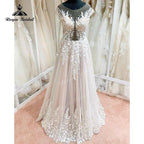 Robe De Mariage Corpiño Sin Forro Fluido Línea A Vestido de Novia Rosa Rubor Manga Casquillo Aplicación de Encaje Sin Espalda vestido de noche