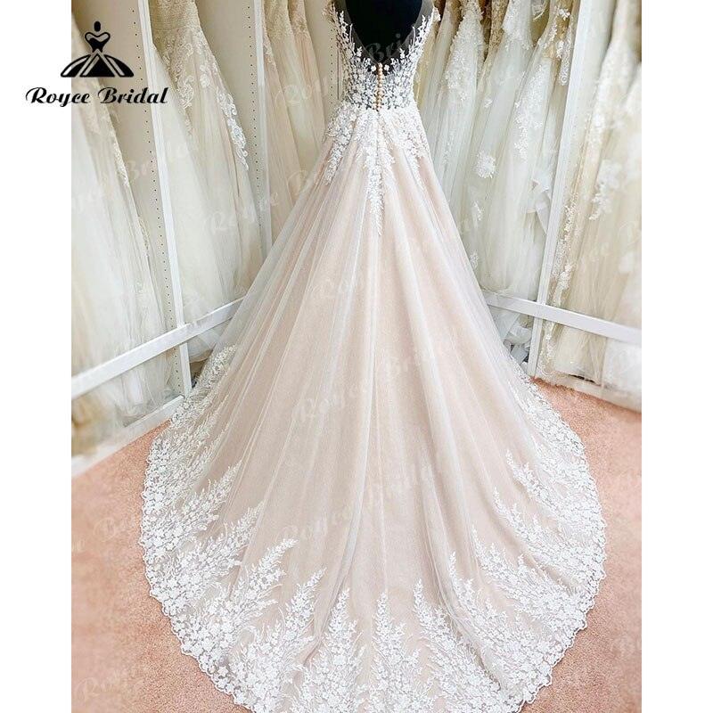 Robe De Mariage Corpiño Sin Forro Fluido Línea A Vestido de Novia Rosa Rubor Manga Casquillo Aplicación de Encaje Sin Espalda vestido de noche