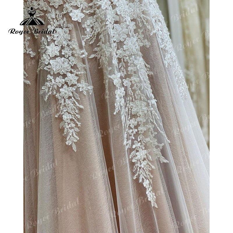 Robe De Mariage Corpiño Sin Forro Fluido Línea A Vestido de Novia Rosa Rubor Manga Casquillo Aplicación de Encaje Sin Espalda vestido de noche