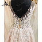 Robe De Mariage Corpiño Sin Forro Fluido Línea A Vestido de Novia Rosa Rubor Manga Casquillo Aplicación de Encaje Sin Espalda vestido de noche