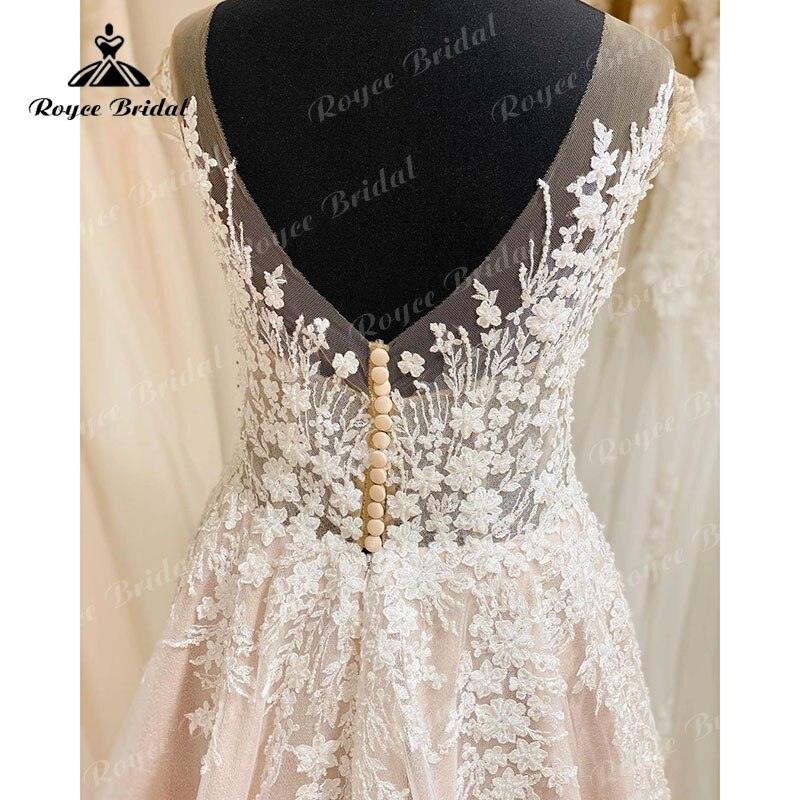 Robe De Mariage Corpiño Sin Forro Fluido Línea A Vestido de Novia Rosa Rubor Manga Casquillo Aplicación de Encaje Sin Espalda vestido de noche