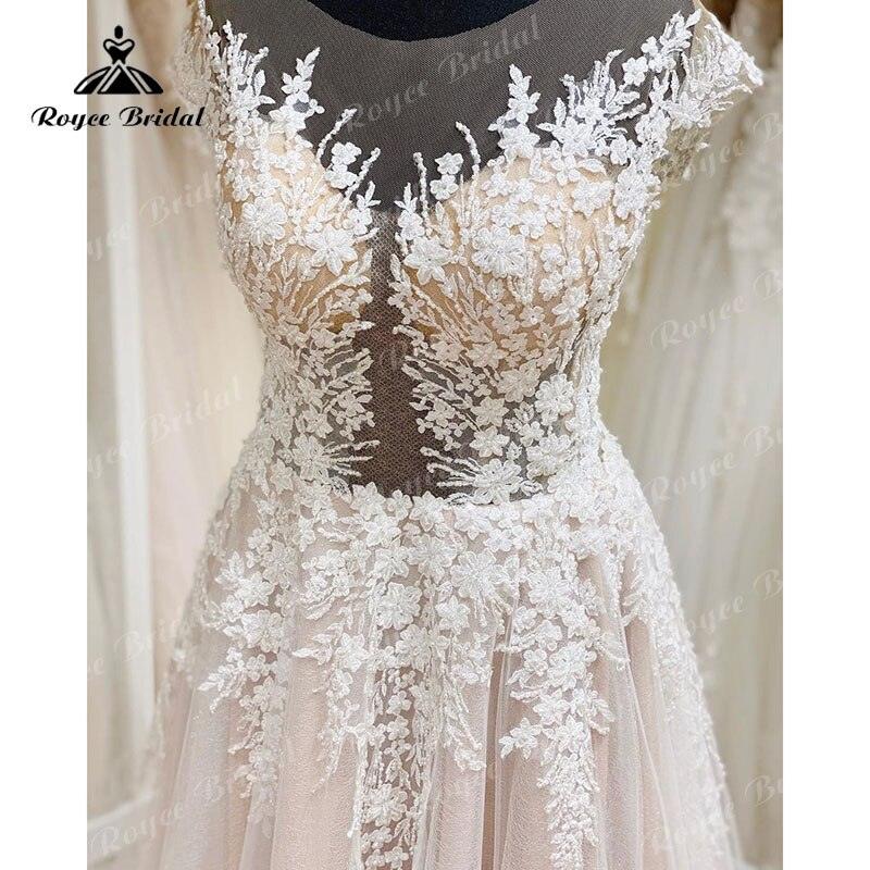 Robe De Mariage Corpiño Sin Forro Fluido Línea A Vestido de Novia Rosa Rubor Manga Casquillo Aplicación de Encaje Sin Espalda vestido de noche