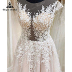 Robe De Mariage Corpiño Sin Forro Fluido Línea A Vestido de Novia Rosa Rubor Manga Casquillo Aplicación de Encaje Sin Espalda vestido de noche