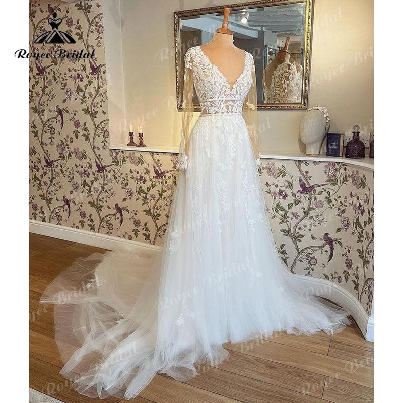 Vestido de novia de manga larga con apliques de encaje y cuello en V, cola de barrido, vestidos de novia, vestido civil.