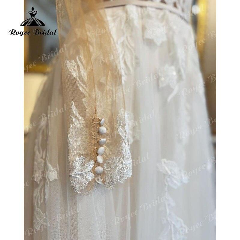 Vestido de novia de manga larga con apliques de encaje y cuello en V, cola de barrido, vestidos de novia, vestido civil.