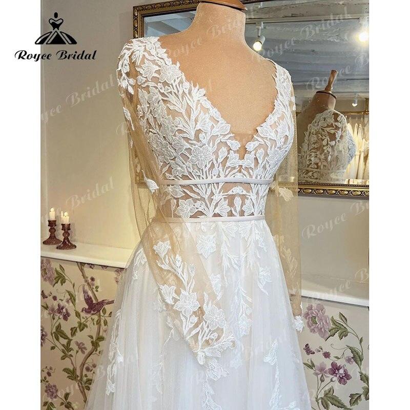 Vestido de novia de manga larga con apliques de encaje y cuello en V, cola de barrido, vestidos de novia, vestido civil.