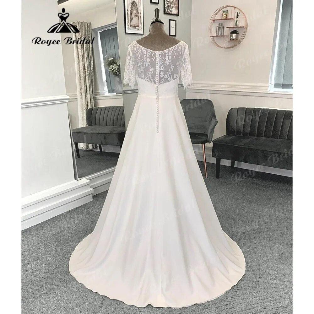 Vestido de Novia Línea A Boho con Corsé de Encaje y Satén Suave con Manga Corta Vestido de Novia Sencillo