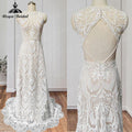Bata de novia boho con encaje, estilo bohemio sirena, vestido de novia de playa con espalda abierta sin mangas, vestido de novia elegante