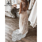 Bata de novia boho con encaje, estilo bohemio sirena, vestido de novia de playa con espalda abierta sin mangas, vestido de novia elegante