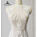 Bata de novia boho con encaje, estilo bohemio sirena, vestido de novia de playa con espalda abierta sin mangas, vestido de novia elegante