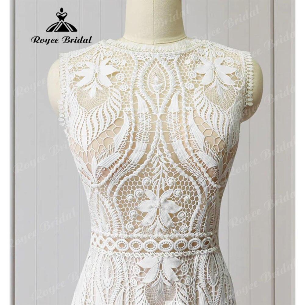 Bata de novia boho con encaje, estilo bohemio sirena, vestido de novia de playa con espalda abierta sin mangas, vestido de novia elegante