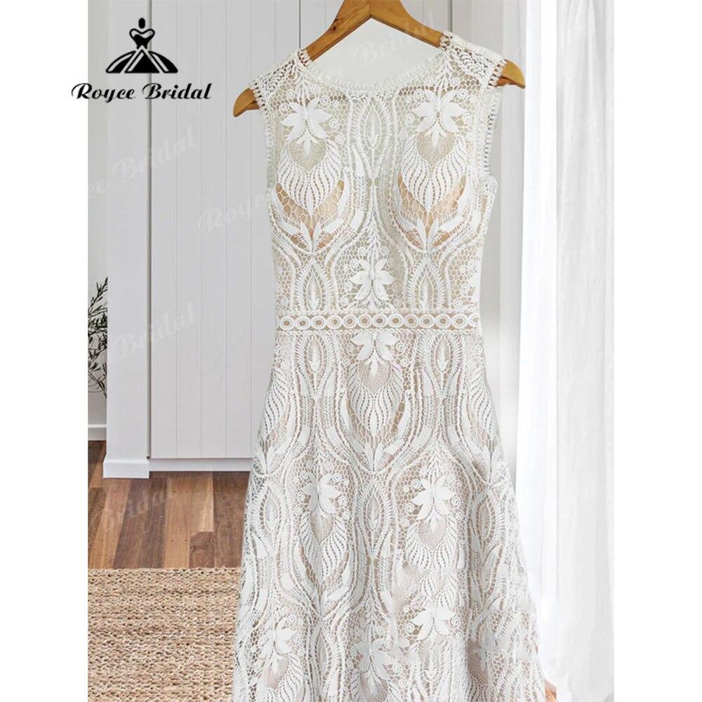 Bata de novia boho con encaje, estilo bohemio sirena, vestido de novia de playa con espalda abierta sin mangas, vestido de novia elegante