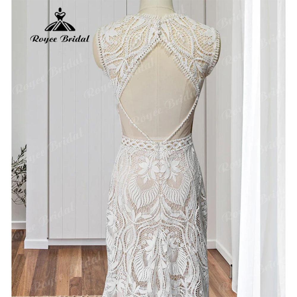 Bata de novia boho con encaje, estilo bohemio sirena, vestido de novia de playa con espalda abierta sin mangas, vestido de novia elegante