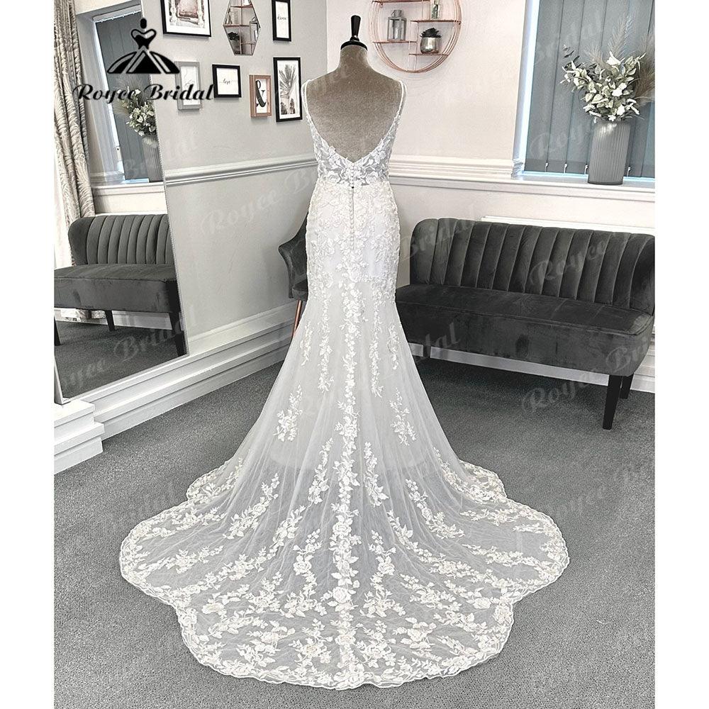 Vestido de novia de sirena de encaje con cuello en V profundo escotado sin espalda para novia, tirantes finos, vestido de novia sexy
