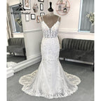 Vestido de novia de sirena de encaje con cuello en V profundo escotado sin espalda para novia, tirantes finos, vestido de novia sexy