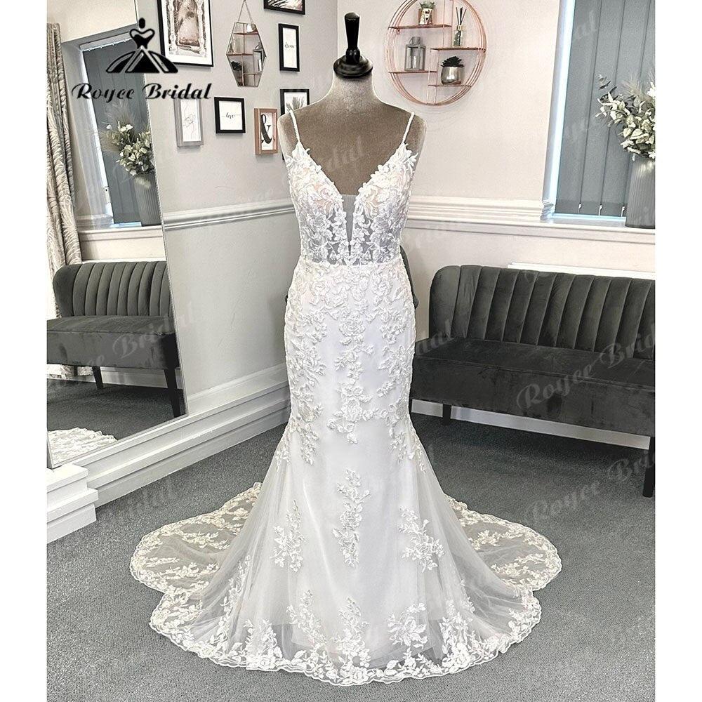 Vestido de novia de sirena de encaje con cuello en V profundo escotado sin espalda para novia, tirantes finos, vestido de novia sexy