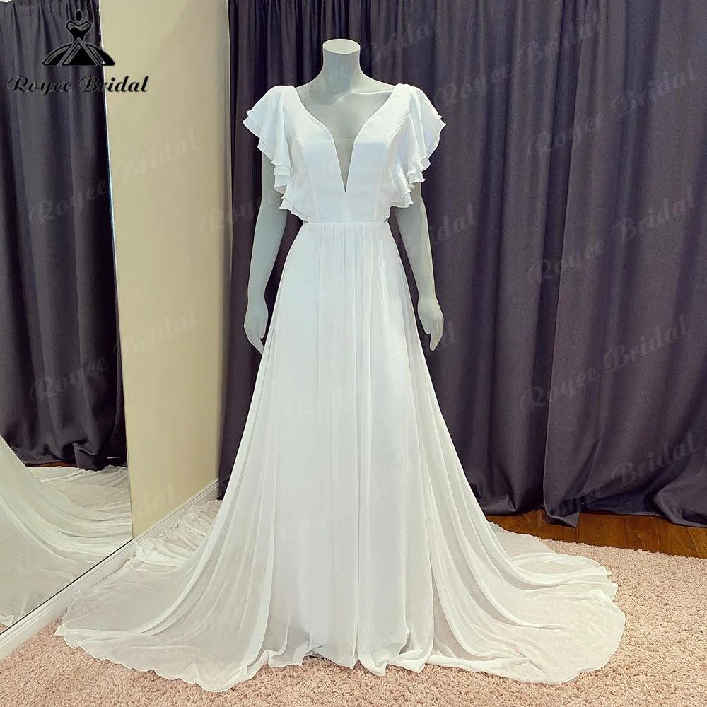 NumberSea Robe Mariee Summer Backless Chiffon A Line Civil Wedding Dress with V Neckline&nbsp; Hochzeit Bridal Gown for Women vestidos