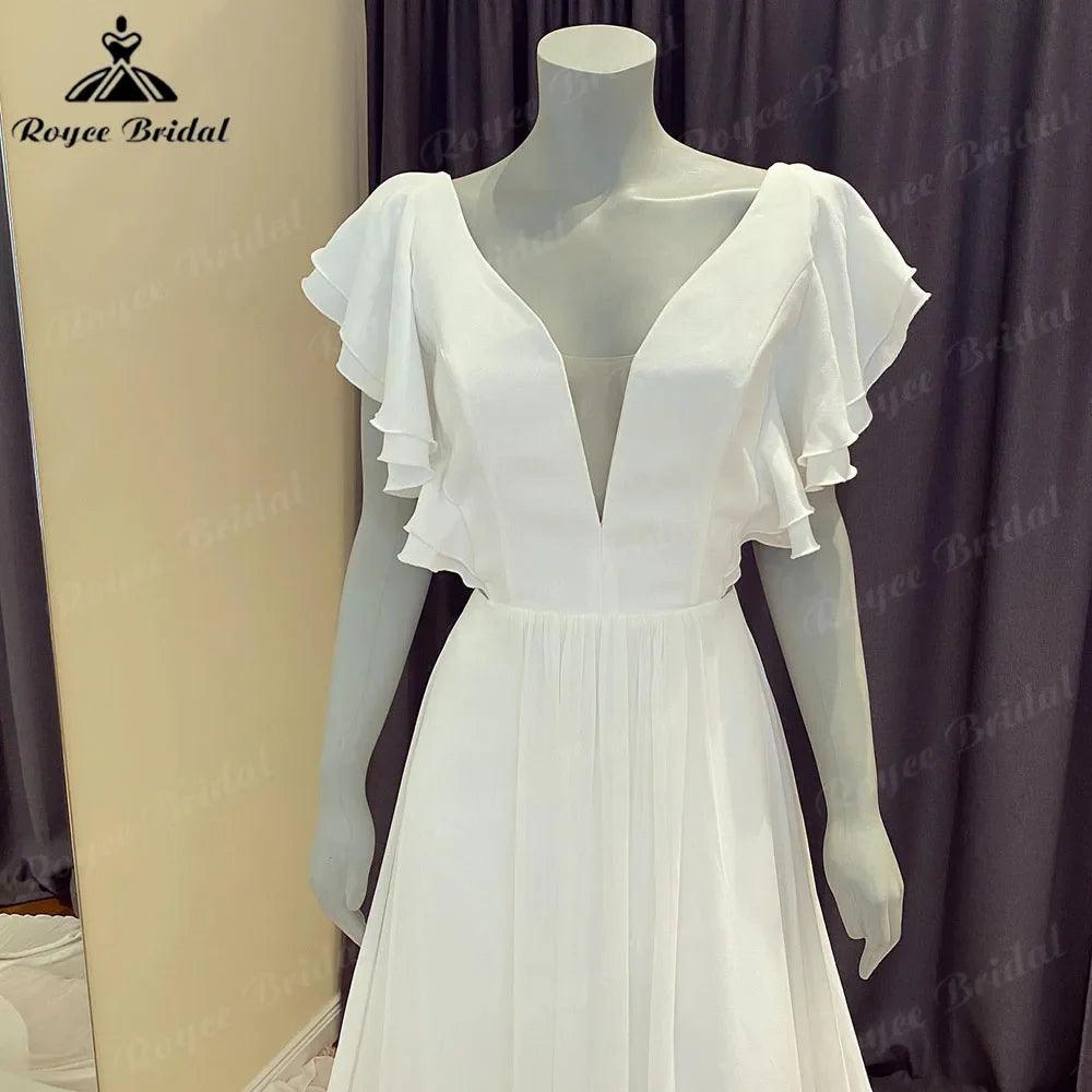 NumberSea Robe Mariee Summer Backless Chiffon A Line Civil Wedding Dress with V Neckline&nbsp; Hochzeit Bridal Gown for Women vestidos