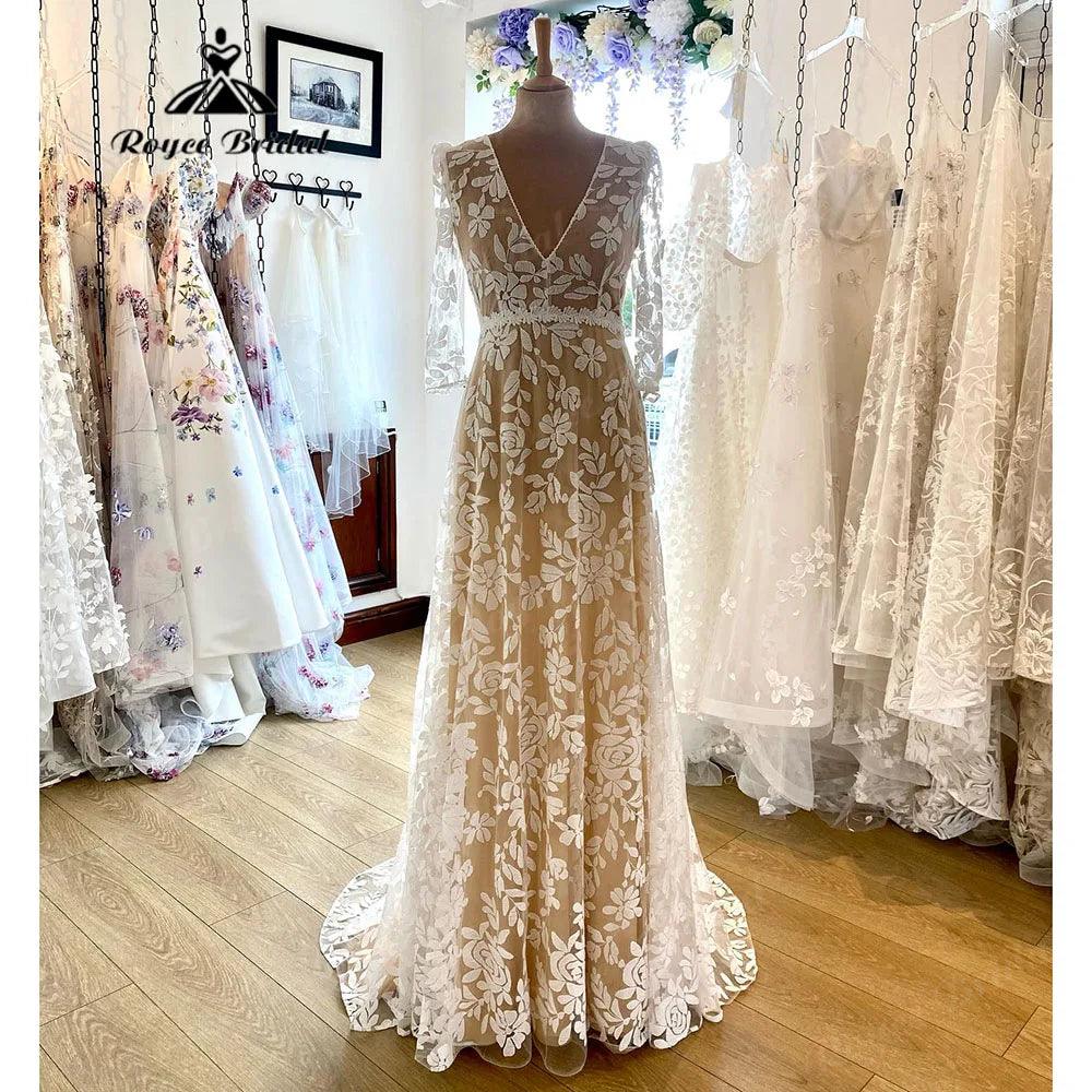 Robe Mariee Dreiviertelärmel Vollspitze A-Linie Boho Damen Hochzeitskleid mit V-Ausschnitt 2025 Brautkleid abito da sposa Sommer 