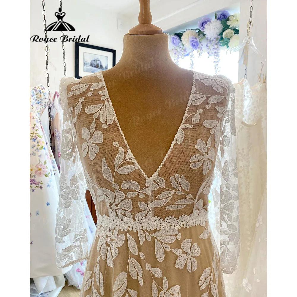 Robe Mariee Dreiviertelärmel Vollspitze A-Linie Boho Damen Hochzeitskleid mit V-Ausschnitt 2025 Brautkleid abito da sposa Sommer 