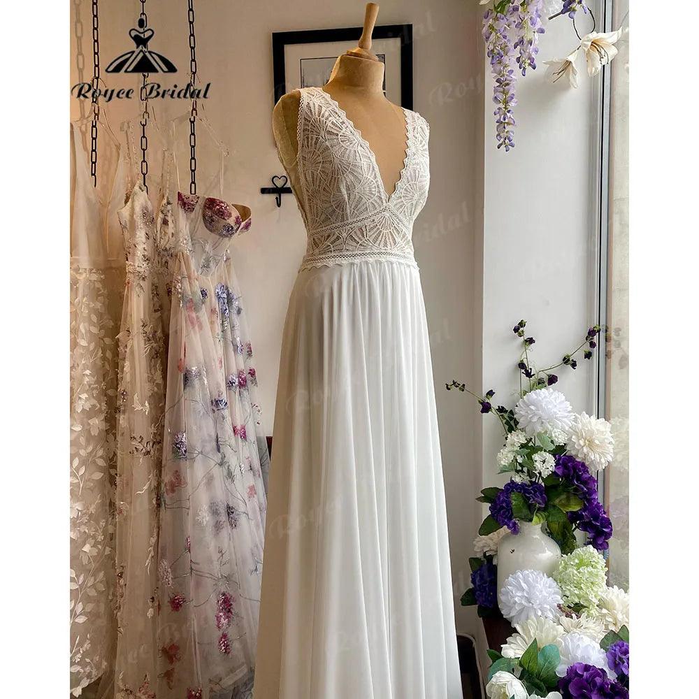 Robe de verano con corpiño de encaje de gasa estilo bohemio con cuello en V Vestido de novia para mujer Traje de novia hecho a medida vestido de novia NumberSea
