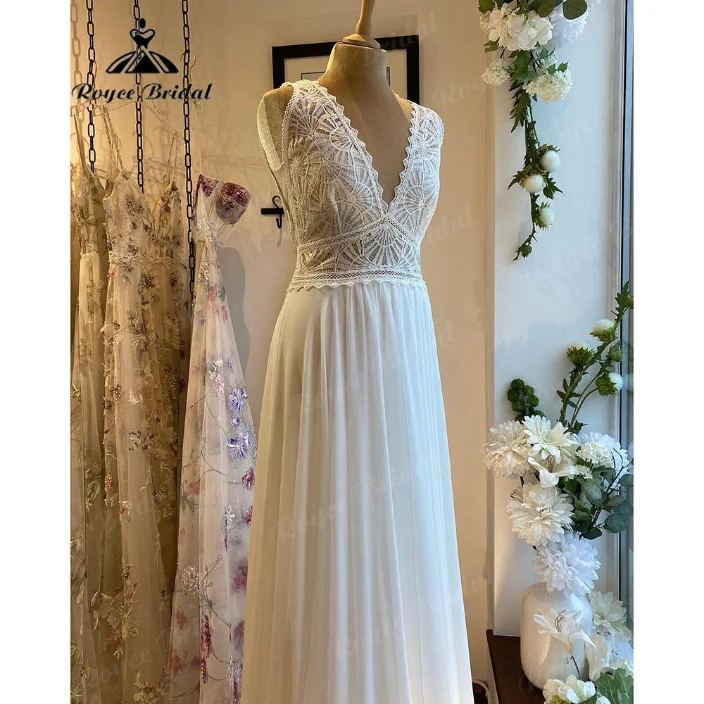 Robe de verano con corpiño de encaje de gasa estilo bohemio con cuello en V Vestido de novia para mujer Traje de novia hecho a medida vestido de novia NumberSea