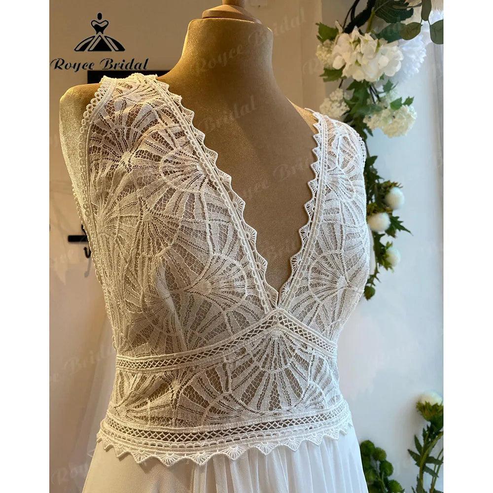 Robe de verano con corpiño de encaje de gasa estilo bohemio con cuello en V Vestido de novia para mujer Traje de novia hecho a medida vestido de novia NumberSea