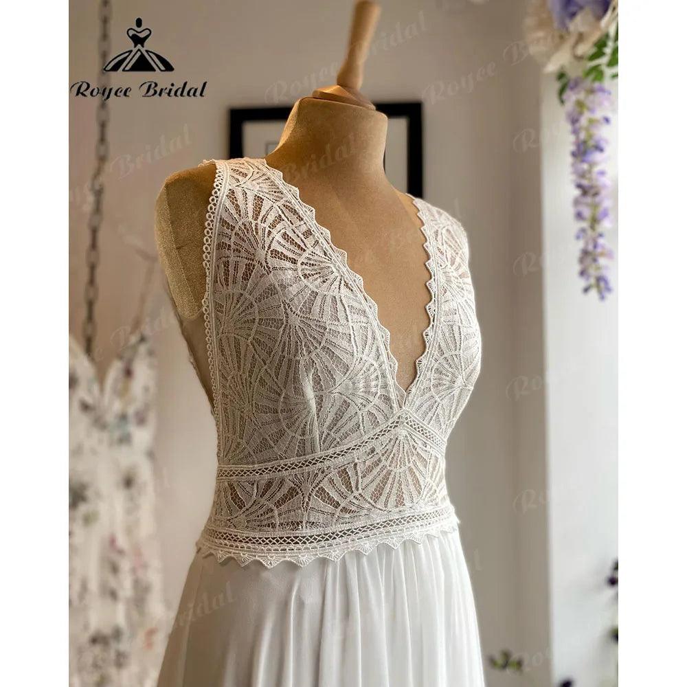 Robe de verano con corpiño de encaje de gasa estilo bohemio con cuello en V Vestido de novia para mujer Traje de novia hecho a medida vestido de novia NumberSea