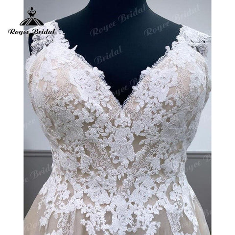 NumberSea Robes De Mariage Gorgeous Plus Size V Neck Lace Appliques Backless Champagne Wedding Dress Vintage Vestidos Novia Wedding Gowns