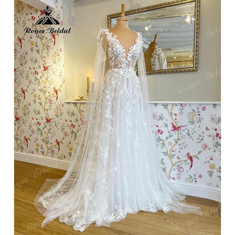 Vestido de novia romántico de encaje floral con escote en V profundo y hada para playa 2025, vestido de novia, vestido largo para invitada de boda NumberSea