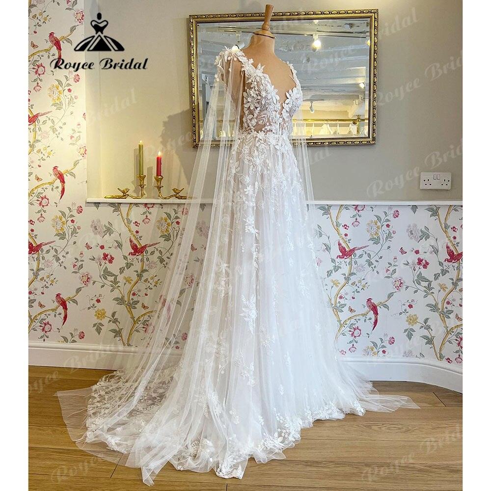 Vestido de novia romántico de encaje floral con escote en V profundo y hada para playa 2025, vestido de novia, vestido largo para invitada de boda NumberSea