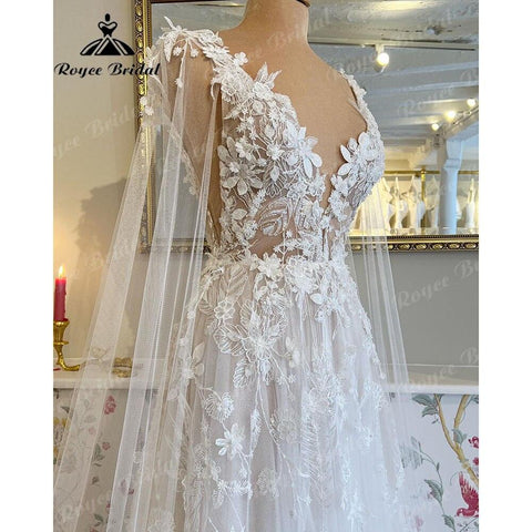 Romantic Lace Floral Fairy Beach Wedding Dress with Deep V Neck 2025 Bridal Gown Wedding vestido largo invitada boda NumberSea