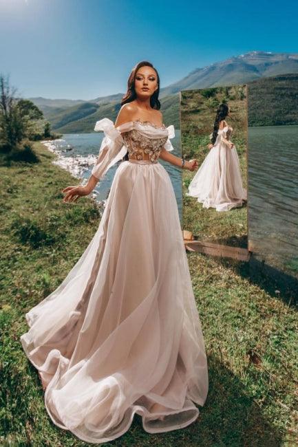 Vestido de fiesta romántico de tul estilo princesa con hombros descubiertos para jardín