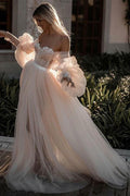 NumberSea Romantic Backless Beach Wedding Dresses With Sleeves, Bridal Dress