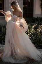 NumberSea Romantic Backless Beach Wedding Dresses With Sleeves, Bridal Dress