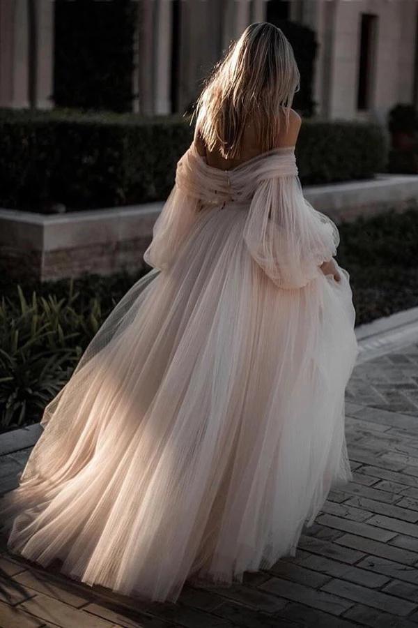 NumberSea Romantic Backless Beach Wedding Dresses With Sleeves, Bridal Dress