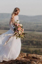 NumberSea Romantic Ivory Chiffon Two Piece Long Sleeves Wedding Dresses with Lace