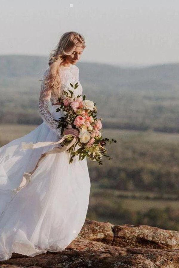NumberSea Romantic Ivory Chiffon Two Piece Long Sleeves Wedding Dresses with Lace