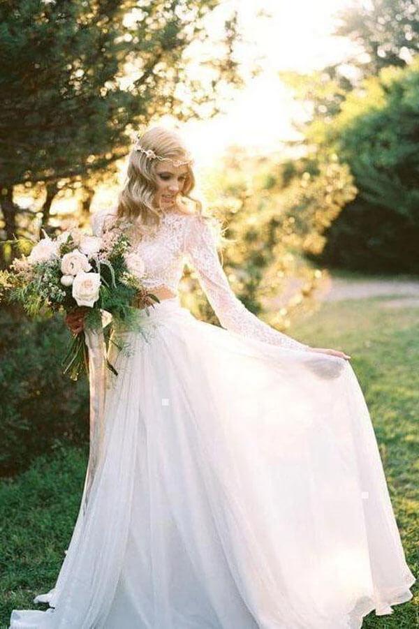 NumberSea Romantic Ivory Chiffon Two Piece Long Sleeves Wedding Dresses with Lace