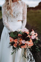 NumberSea Romantic Ivory Chiffon Two Piece Long Sleeves Wedding Dresses with Lace