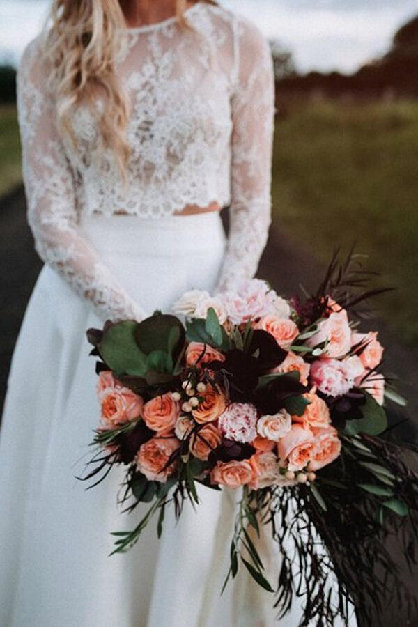 NumberSea Romantic Ivory Chiffon Two Piece Long Sleeves Wedding Dresses with Lace