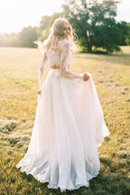NumberSea Romantic Ivory Chiffon Two Piece Long Sleeves Wedding Dresses with Lace