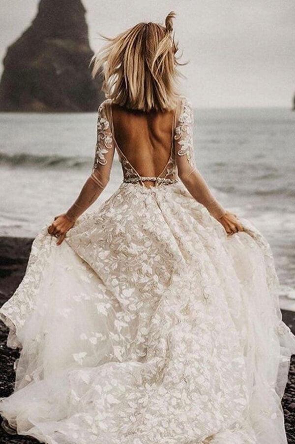 NumberSea Romantic Lace A-line V-neck Long Sleeves Wedding Dresses, Bridal Gown