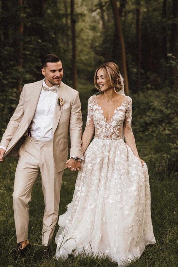 NumberSea Romantic Lace A-line V-neck Long Sleeves Wedding Dresses, Bridal Gown