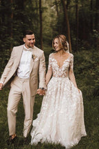 NumberSea Romantic Lace A-line V-neck Long Sleeves Wedding Dresses, Bridal Gown