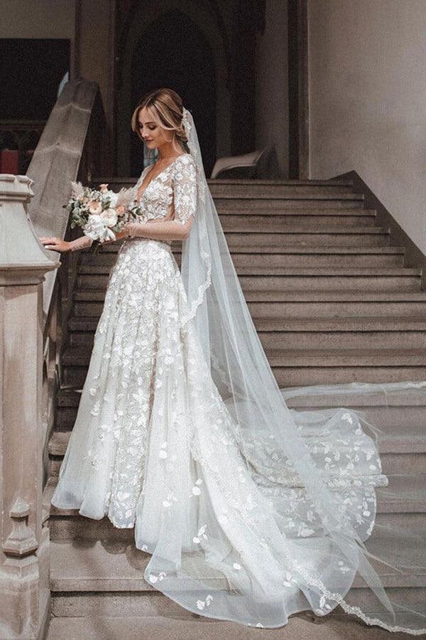 NumberSea Romantic Lace A-line V-neck Long Sleeves Wedding Dresses, Bridal Gown