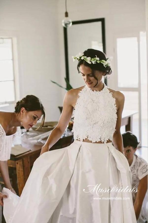 NumberSea Romantic Lace Top Two Piece Halter Wedding Dresses, Bridal Gown