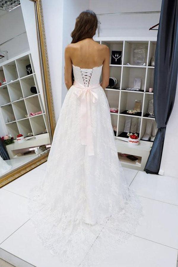 Vestidos de novia NumberSea románticos blancos de corte A con encaje y hombros descubiertos, MW601